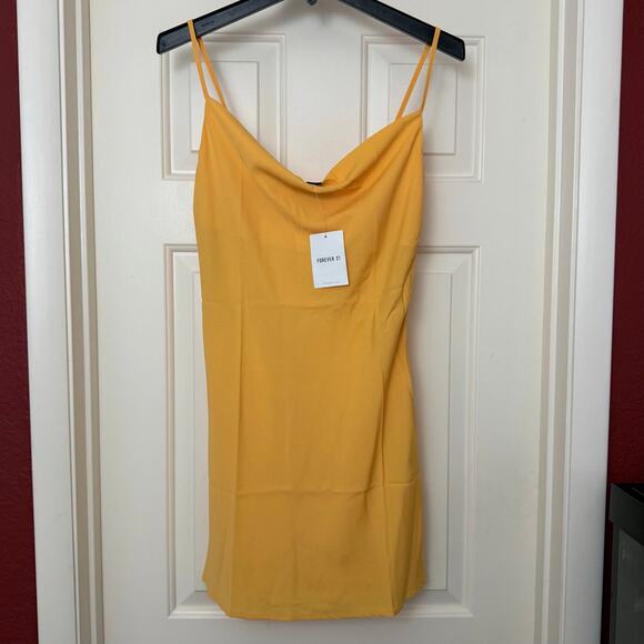 Forever 21 Mustard Yellow Cowl Slip Dress Small Satin Spaghetti Straps NWT - Picture 3 of 11